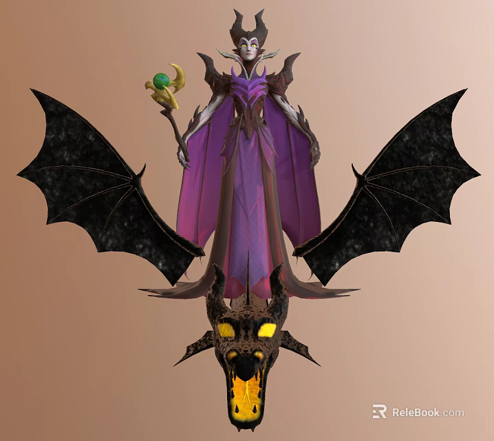 Purple Robed Witch With Green Gem Staff Standing On Black Winged Yellow Eyed Creature 3d model 