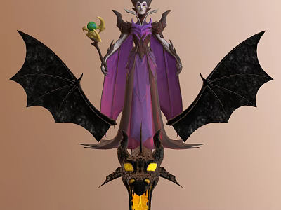 Purple Robed Witch With Green Gem Staff Standing On Black Winged Yellow Eyed Creature 3d model
