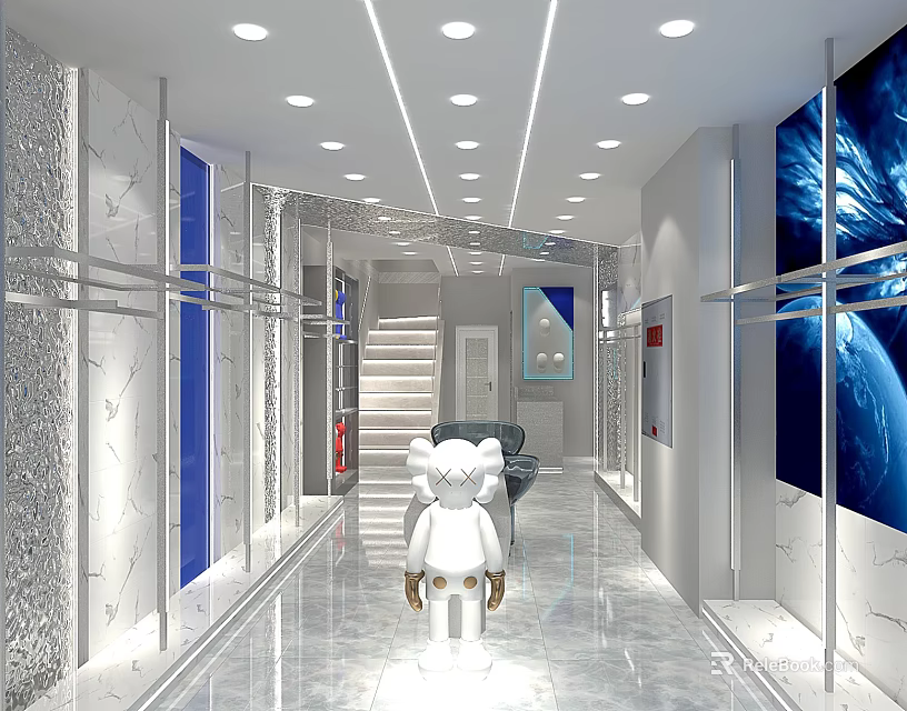 Modern Clothing Store Interior Featuring Bright Lighting Display Racks And Decorative Screens 3d model