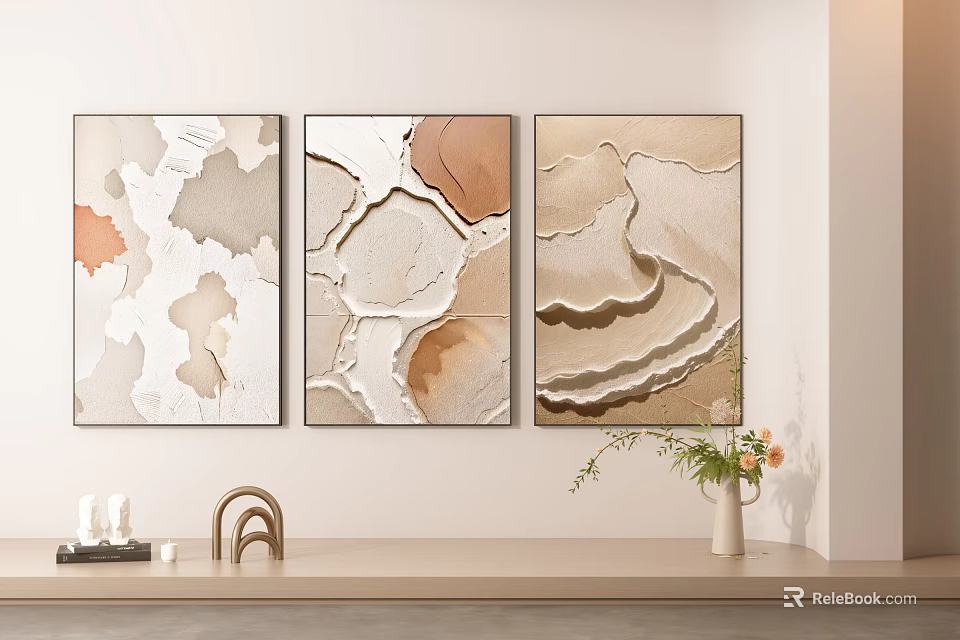 Abstract Textured Wall Art Paintings In Modern Interior With Decorative Shelf And Potted Plant 3d model 