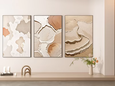 Abstract Textured Wall Art Paintings In Modern Interior With Decorative Shelf And Potted Plant 3d model