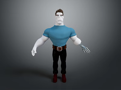 3D Animated Character Wearing Blue T-Shirt Black Pants Red Boots And Mechanical Arm 3d model