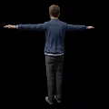 Game Movie Character In Blue Jacket White Shirt Gray Pants Arms Outstretched On Black Background