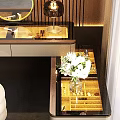 Elegant Modern Dressing Table with Round Mirror Stool and Flower Vase in Bedroom Interior