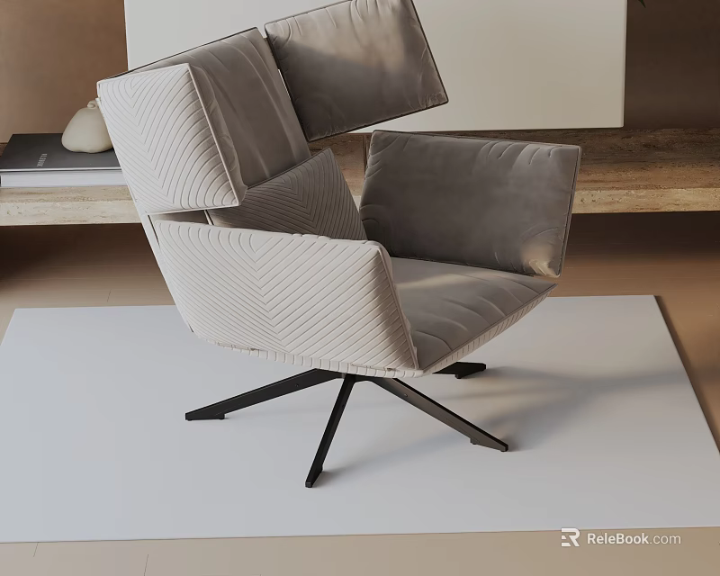 Modern Beige Velvet Leisure Chair With Geometric Armrests And Metal Legs On Rug 3d model 
