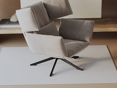 Modern Beige Velvet Leisure Chair With Geometric Armrests And Metal Legs On Rug 3d model