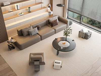 Modern Sectional Sofa and Round Coffee Table Set With Neutral Rug and Potted Plant 3d model