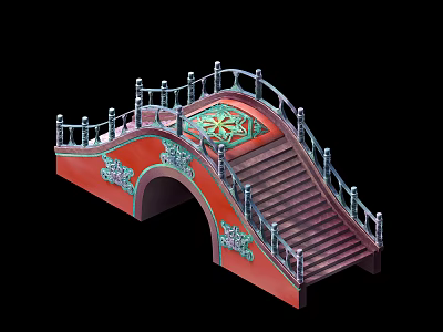 Traditional Red Arched Bridge with Silver Railings and Decorative Staircase Ornate Green Pattern 3d model