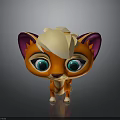 Cute 3D rendered cartoon fox character with orange body purple ears and big green eyes