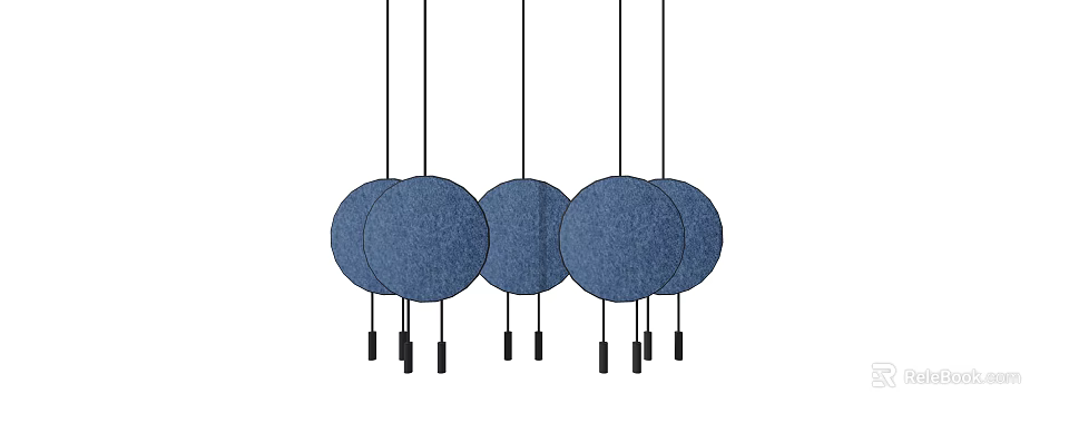 Five Blue Circular Fabric Pendant Lights With Black Hanging Ropes 3d model