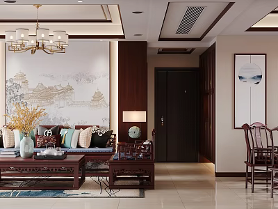 Chinese Style Living And Dining Room With Mahogany Furniture Landscape Painting And Chandelier 3d model