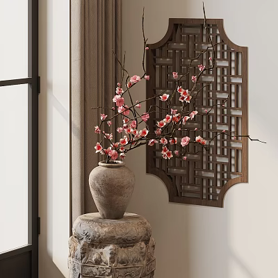 Bonsai Potted Plant With Plum Blossom Branches Clay Pot Stone Pedestal And Wooden Lattice Screen 3d model
