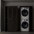 Home Laundry Setup With Dark Wooden Cabinet And Stacked White Washing Machines