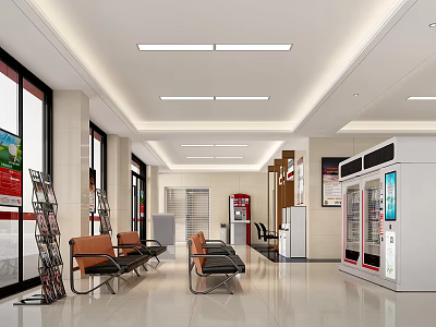 Modern Service Hall Interior with Comfortable Seats Newspaper Racks Vending Machines and Bright Lighting 3d model
