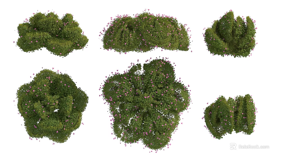 Green Shrubs With Different Shapes And Pink Flowers And Lush Foliage 3d model 