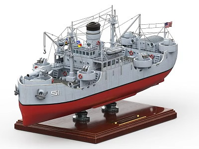 Detailed Naval Warship Model With Gray Hull Red Bottom Number 51 And Wooden Base 3d model