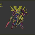 Game and Movie Character Robot With Yellow Winged Structures Dark Brown Armor Holding Weapon Shield