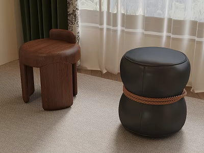 Curved Wooden And Black Leather Rope Wrapped Stools In Indoor Carpeted Space With Curtains 3d model