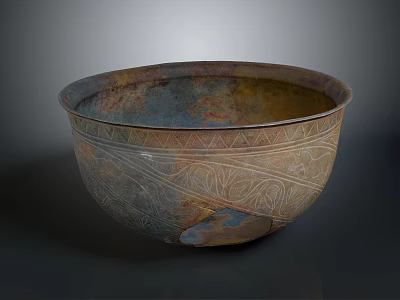 Ancient Sculpted Bowl Featuring Intricate Decorative Patterns And Bronze Patina 3d model