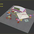 Outdoor Cafe Kiosk Design With White Canopy Tables And Chairs