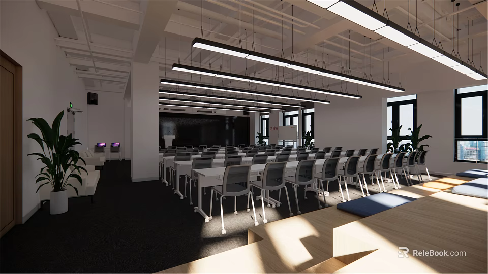 Modern Conference Room Interior With Spacious Layout Long Pendant Lights Tables Chairs And Windows 3d model 