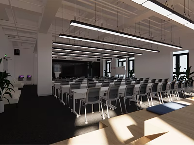 Modern Conference Room Interior With Spacious Layout Long Pendant Lights Tables Chairs And Windows 3d model