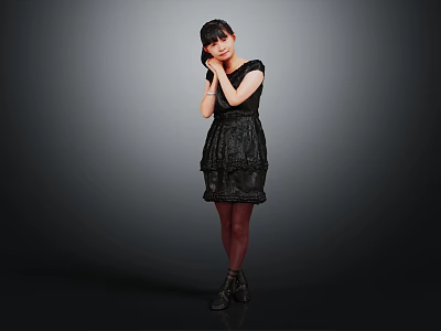 Woman in Black Dress and Stockings Standing with Hand on Cheek Against Gray Background 3d model