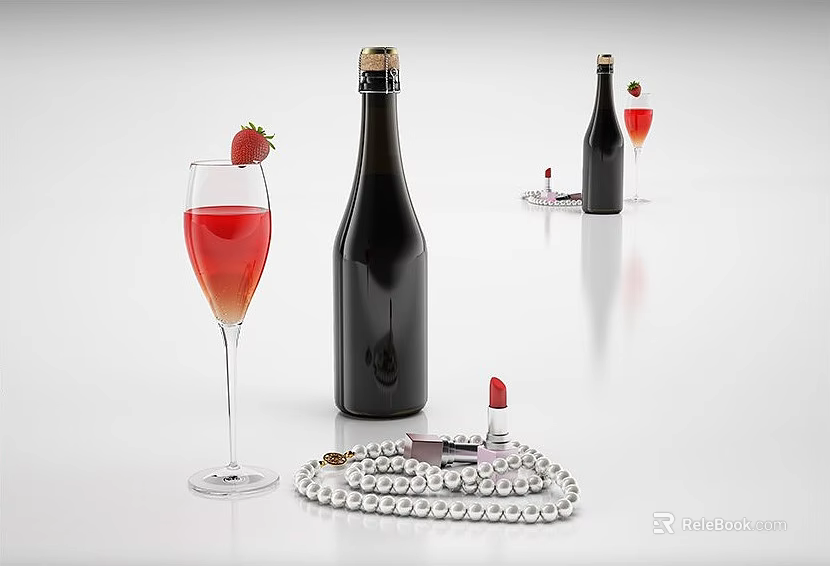 Luxurious Black Wine Bottles and Red Wine Glasses with Strawberry Garnish Lipstick and Pearl Necklace 3d model 