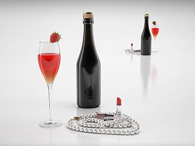 Luxurious Black Wine Bottles and Red Wine Glasses with Strawberry Garnish Lipstick and Pearl Necklace 3d model