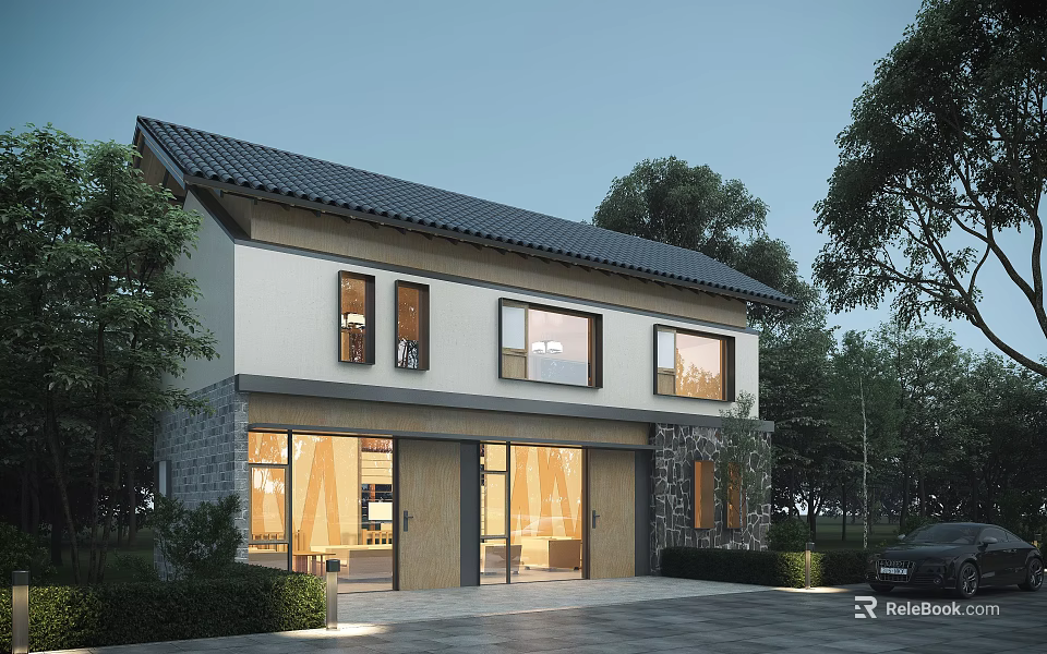 Two Story Rural Self Built House With Black Tiled Roof And Stone Wooden Facade 3d model 