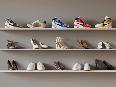 Different Styles Of Shoes Including Sneakers Heels And Casual Pairs Neatly Arranged On White Shelves 3d model