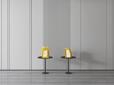 Industrial Equipment Yellow Bottles Placed on Black Tables Against Gray Striped Walls and Wooden Floors 3d model