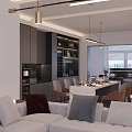 Modern Living Dining Room Interior Design With Sofa Carpet Pendant Light Curtains and Wall Art