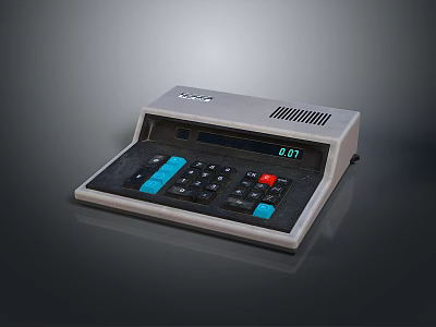 Retro Electronic Calculator Device With Digital Display Blue Red Buttons And Gray Black Casing 3d model