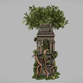 Ancient Stone Brick Tower Architecture With Arched Window Surrounded by Vines and Trees 3d model