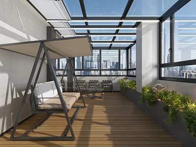 Villa Balcony Design With Glass Roof Wooden Flooring Swing Chair Potted Plants And City View 3d model