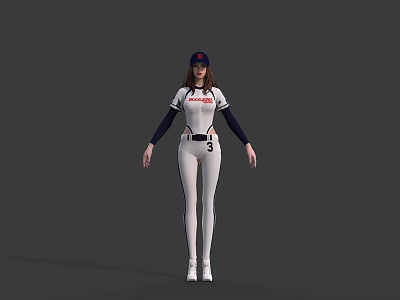 Woman In White Baseball Uniform With Long Sleeves Number 3 And Cap 3d model