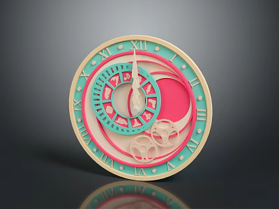 Decorative Clock with Roman Numerals Turquoise Pink Beige Circular Design and Gears 3d model