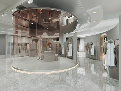 Modern Clothing Store Interior With Circular Display Mannequin Clothing Racks Marble Flooring And Dresses 3d model