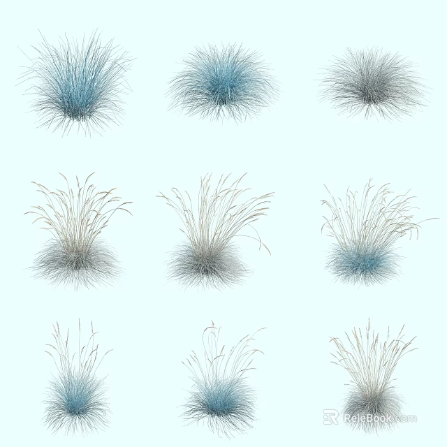 Different Shaped Blue and Gray Grasses Arranged in Three Rows Three Columns on White Background 3d model 