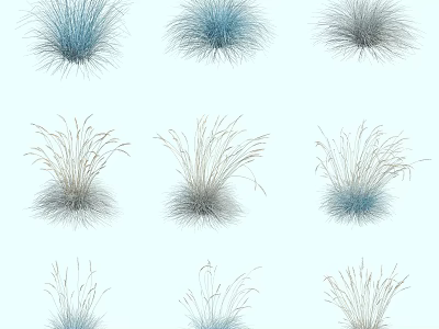 Different Shaped Blue and Gray Grasses Arranged in Three Rows Three Columns on White Background 3d model