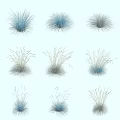 Different Shaped Blue and Gray Grasses Arranged in Three Rows Three Columns on White Background