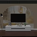 Artistic TV Wall Design with Arched Mural Beige Gold Tones White Stand and Decorative Plants