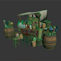 Mobile Street Cart with Wooden Barrels Small Tables and Various Goods Under Canvas Canopy