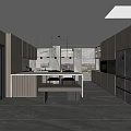 Modern Open Concept Restaurant Kitchen With Island Counter Pendant Lights And City View