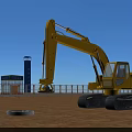 Yellow Crawler Excavator Functional Vehicle At Construction Site With Blue Tower Fence And Circular Object