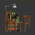 Vintage Wooden Desk And Chair With Table Lamp Laptop And Tools On Surface