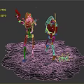 Red Robotic Game Movie Characters With Weapons Standing On Volcanic Lava Ground