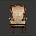 Antique Carved Wooden Chair With Light Colored Fabric And Floral Pattern