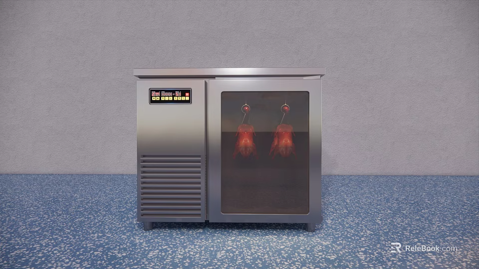 Stainless Steel Commercial Display Freezer With Glass Door And Meat Products Inside 3d model 